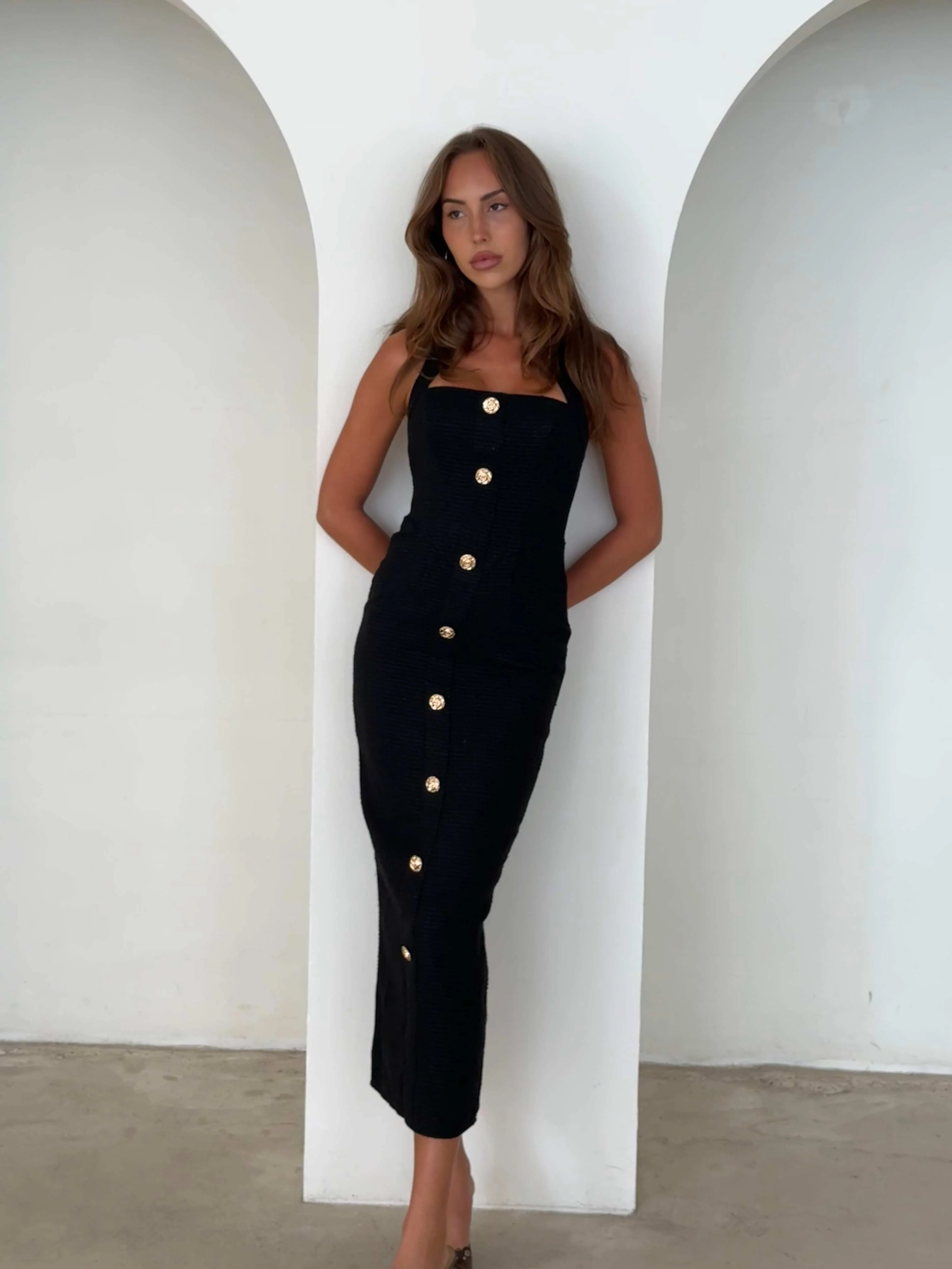 Elegant Black Midi Dress With Gold Button Accents