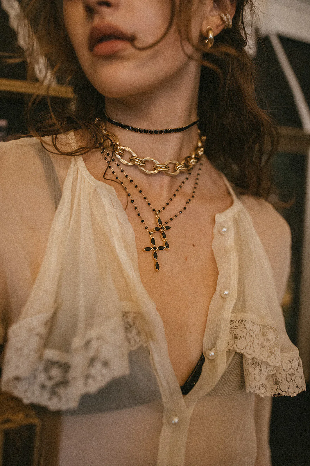 Elegant Black Beaded Cross Necklace