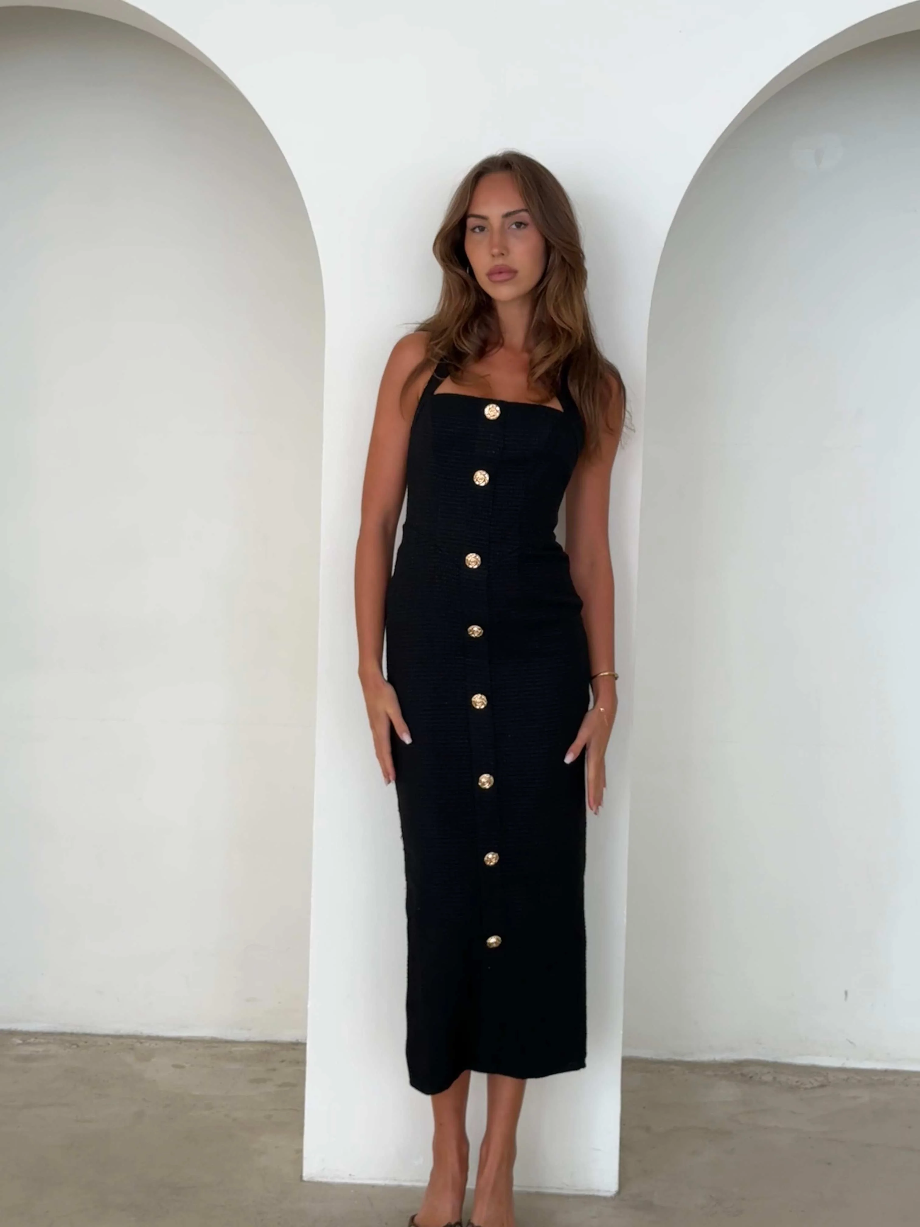Elegant Black Midi Dress With Gold Button Accents